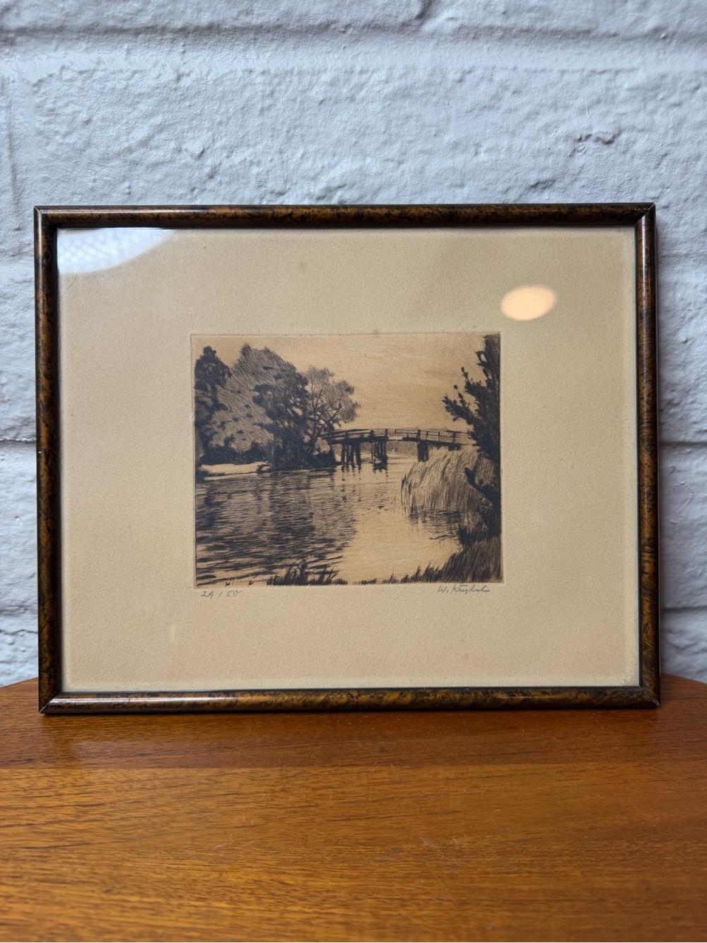 Vintage Landscape Signed Numbered Etching Bridge Water Trees Art Piece Framed